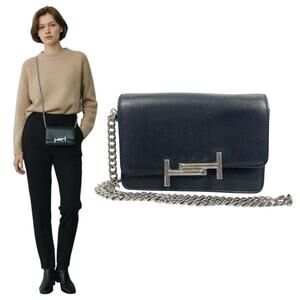 Tod's Double T Leather Wallet on Chain Silver Women Clutch Crossbody Bag